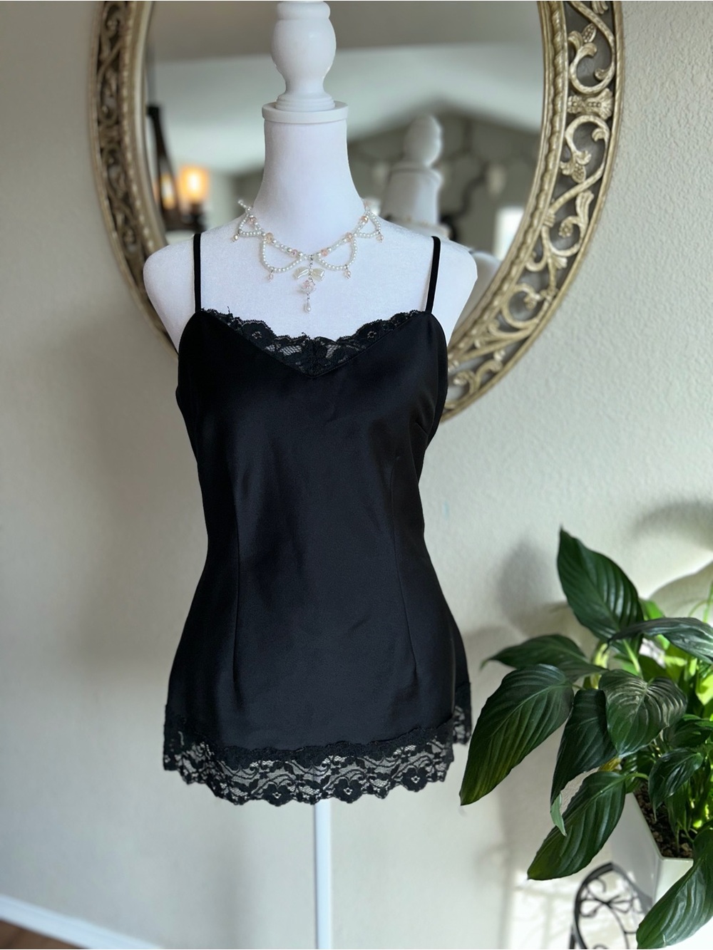 Vintage Caslon Black Lace-Trim Satin Cami